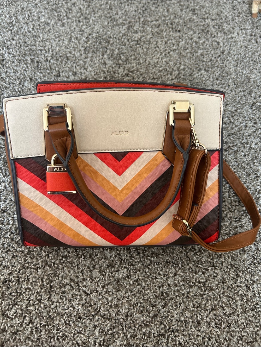 Aldo Chevron Multicolor Satchel - Pink, Red, Brown, Orange & Cream